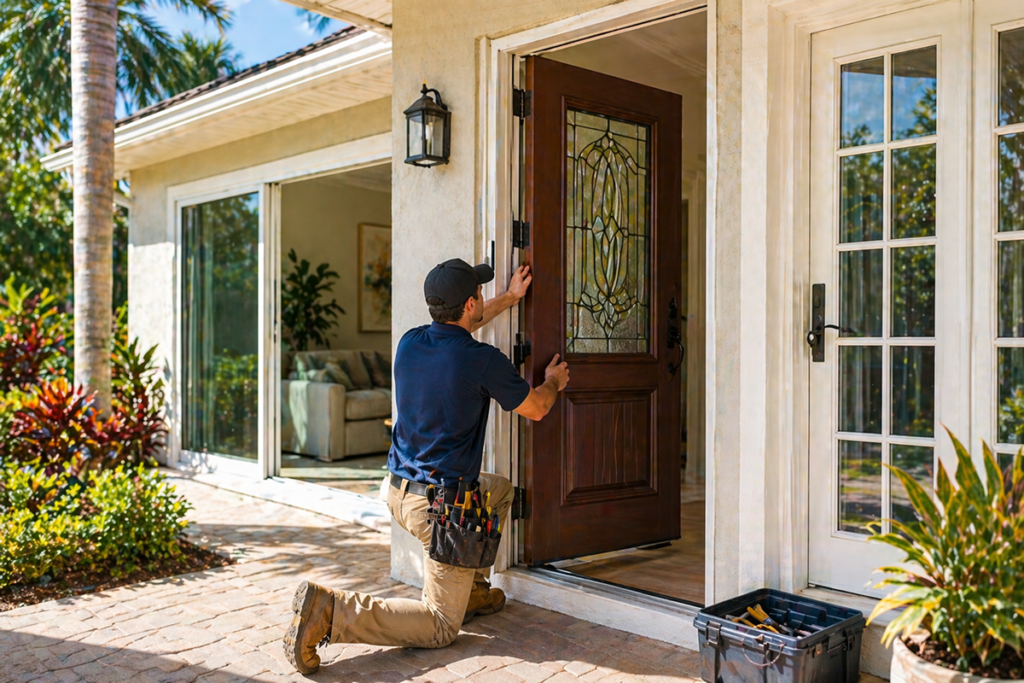 Technician installing a new entry door at a Florida home