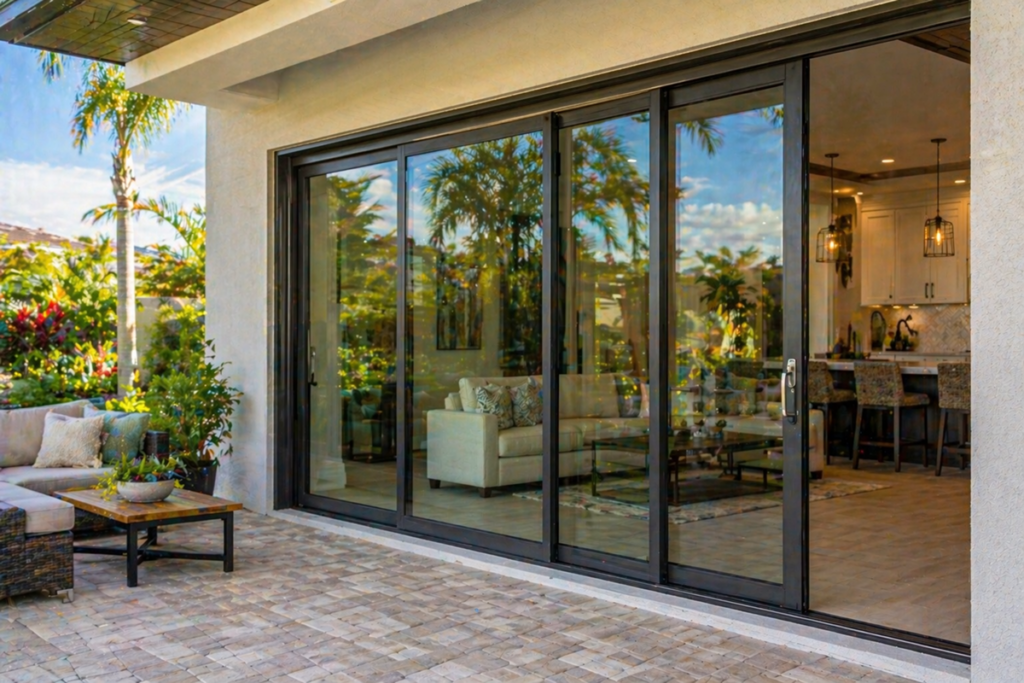 Sliding glass doors connecting indoor and outdoor living spaces