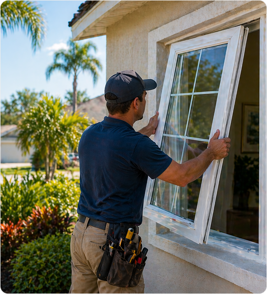 Technician installing energy-efficient windows in a Daytona Beach home